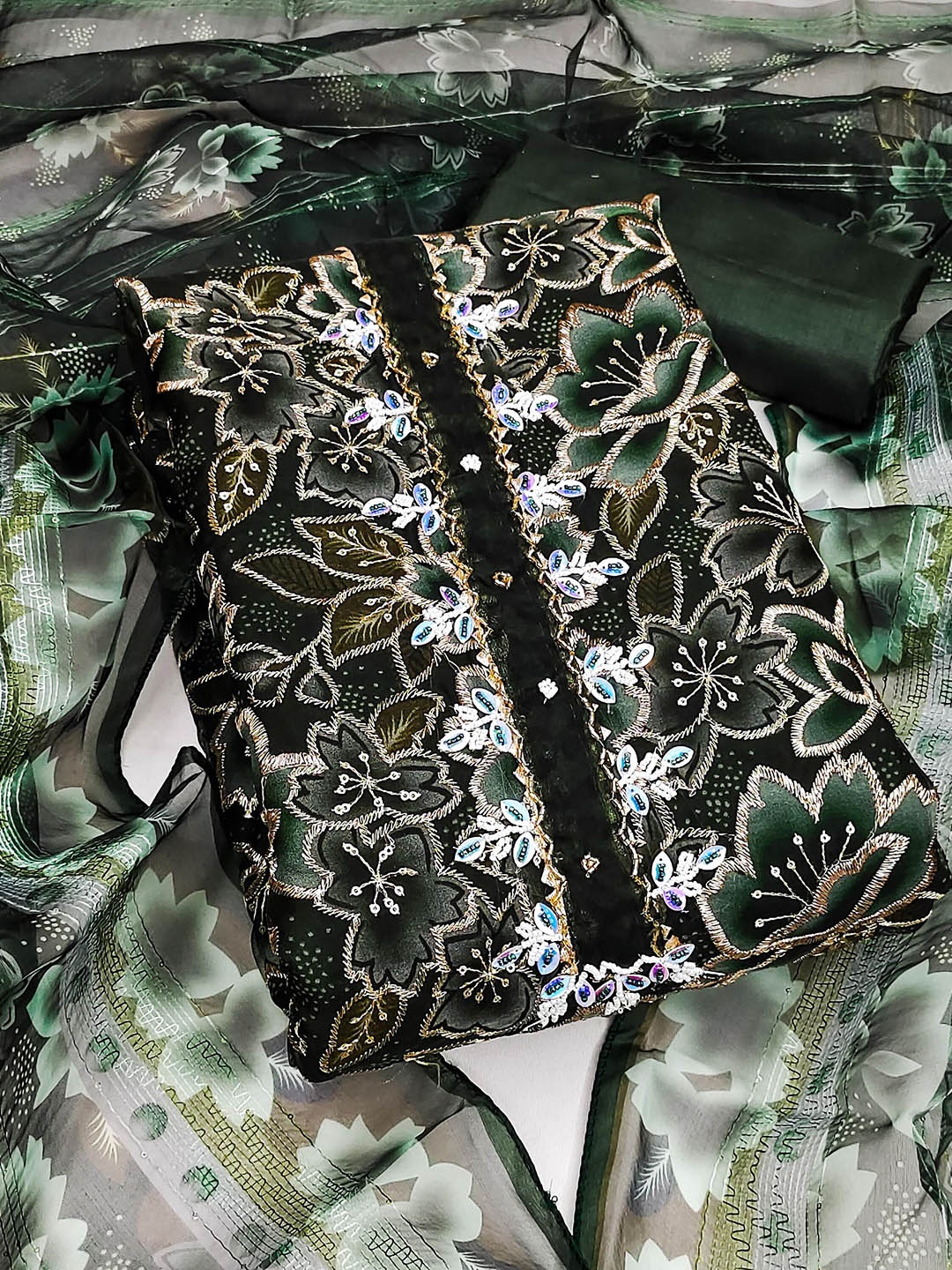 

SAINOOR Floral Embroidered Beads & Stones Organza Unstitched Dress Material, Olive