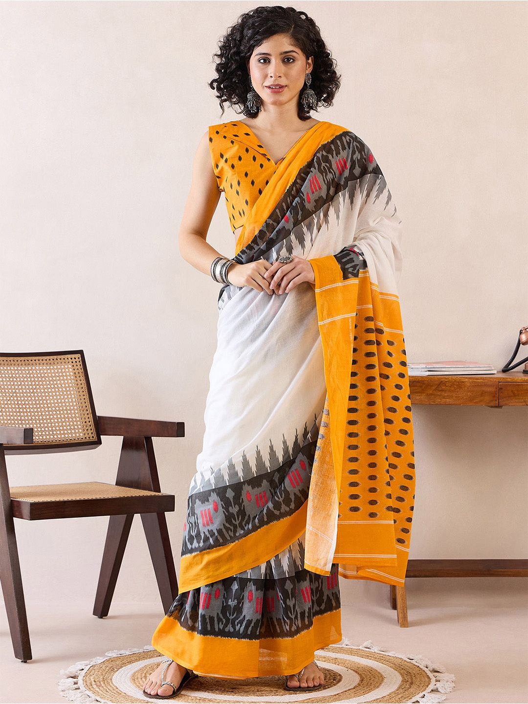 

Mitera Ethnic Motifs Ready to Wear Ikat Saree, White