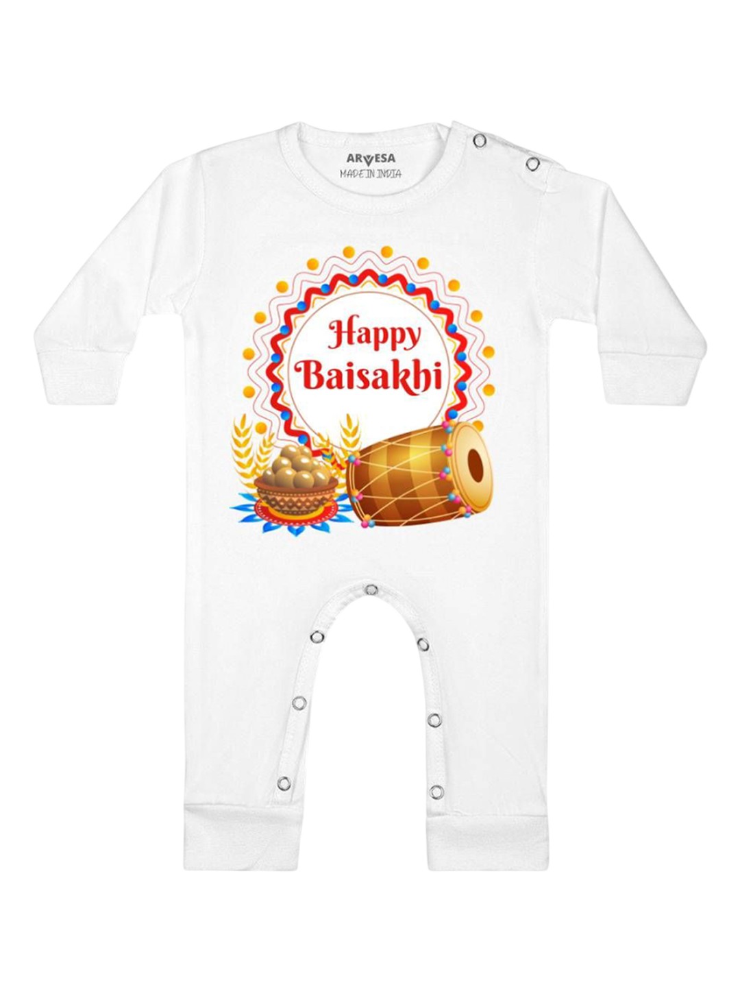 

Arvesa Happy Baisakhi Printed Baby Romper, White