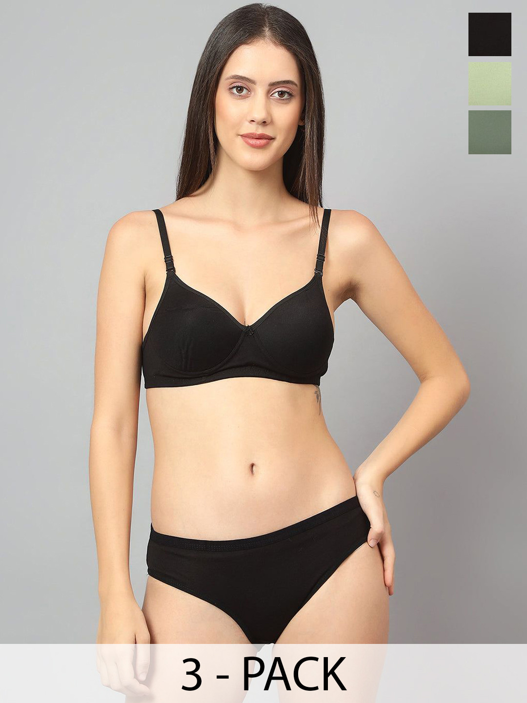 

Designer Bugs Pack Of 3 Cotton Non Padded Non Wired Lingerie Set NPLS-B-O-LG-30B, Black
