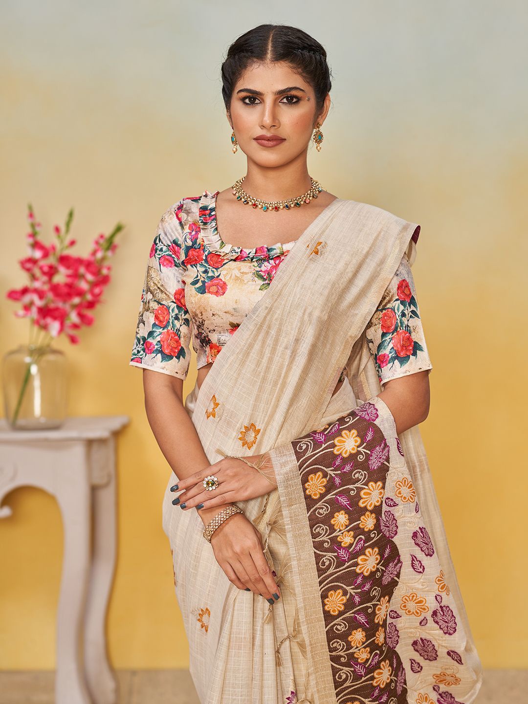 

SARHA Floral Woven Design Zari Chanderi Saree, Brown
