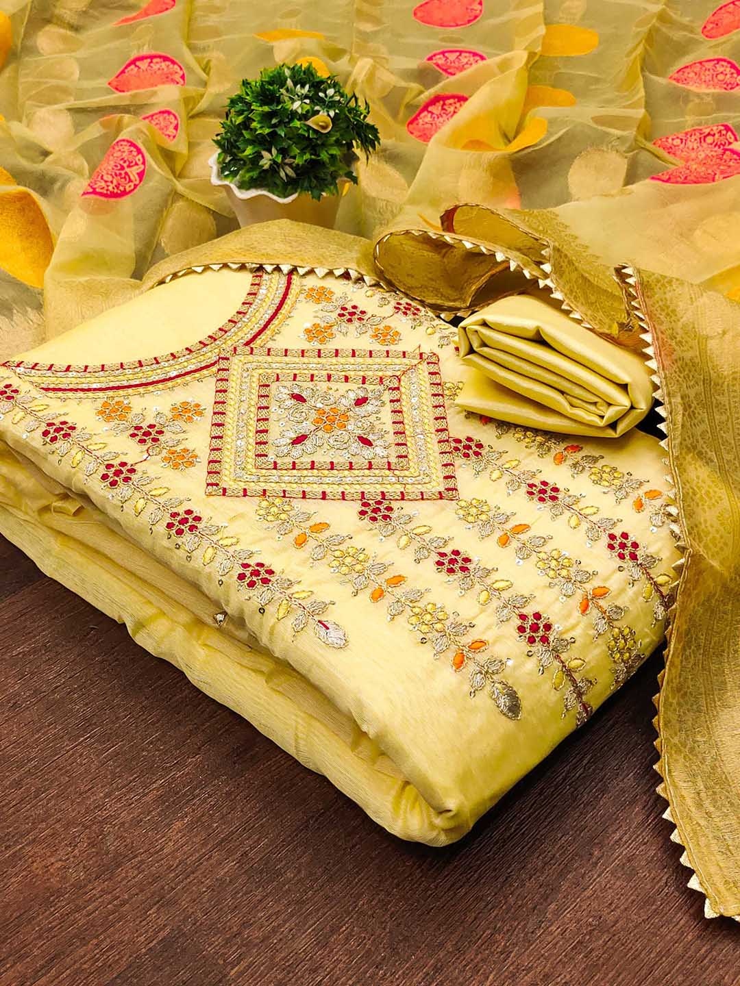 

SAINOOR Embroidered Unstitched Dress Material, Beige