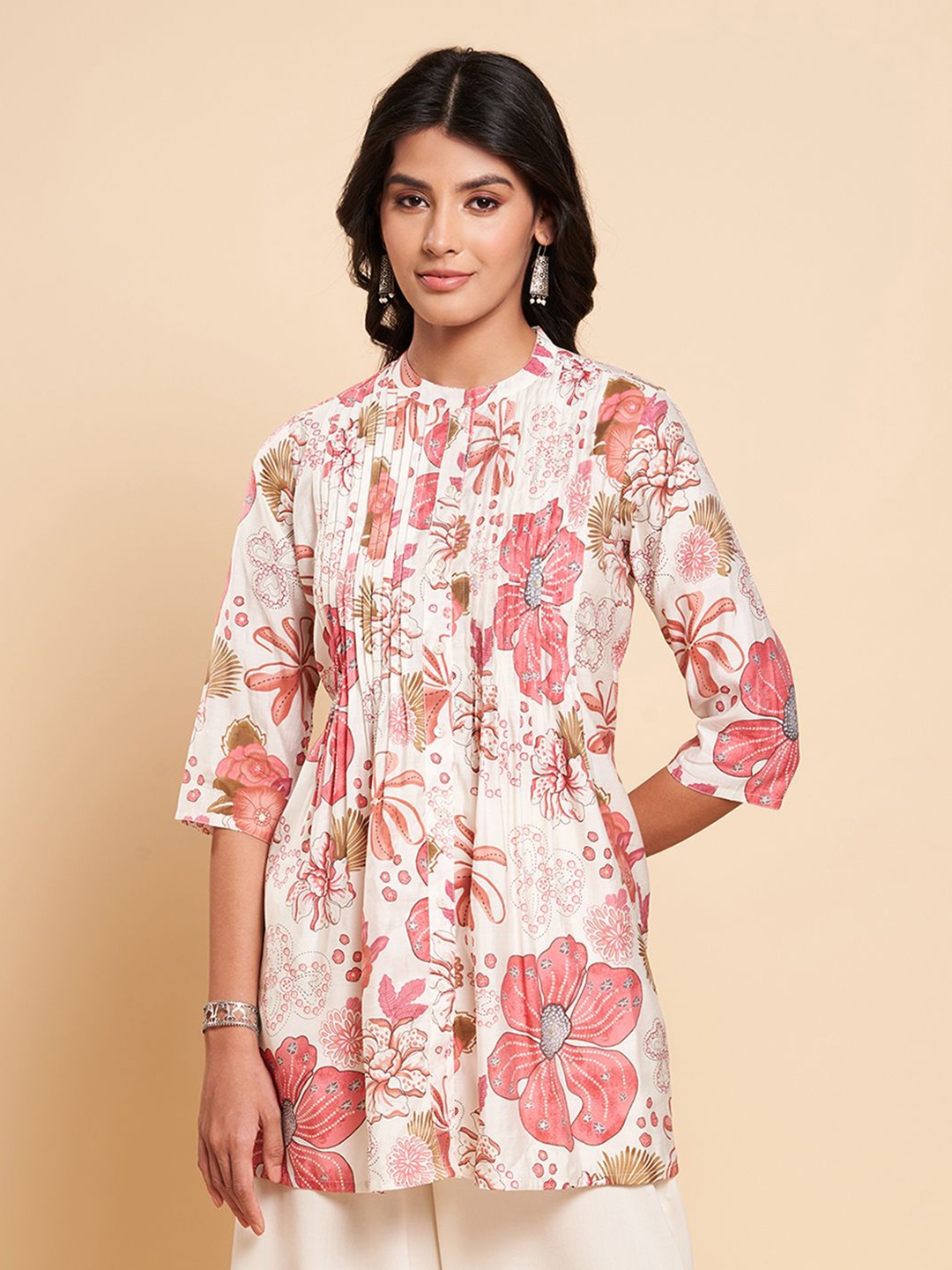

RANGMANCH BY PANTALOONS Mandarin Collar Printed Tunic, Pink