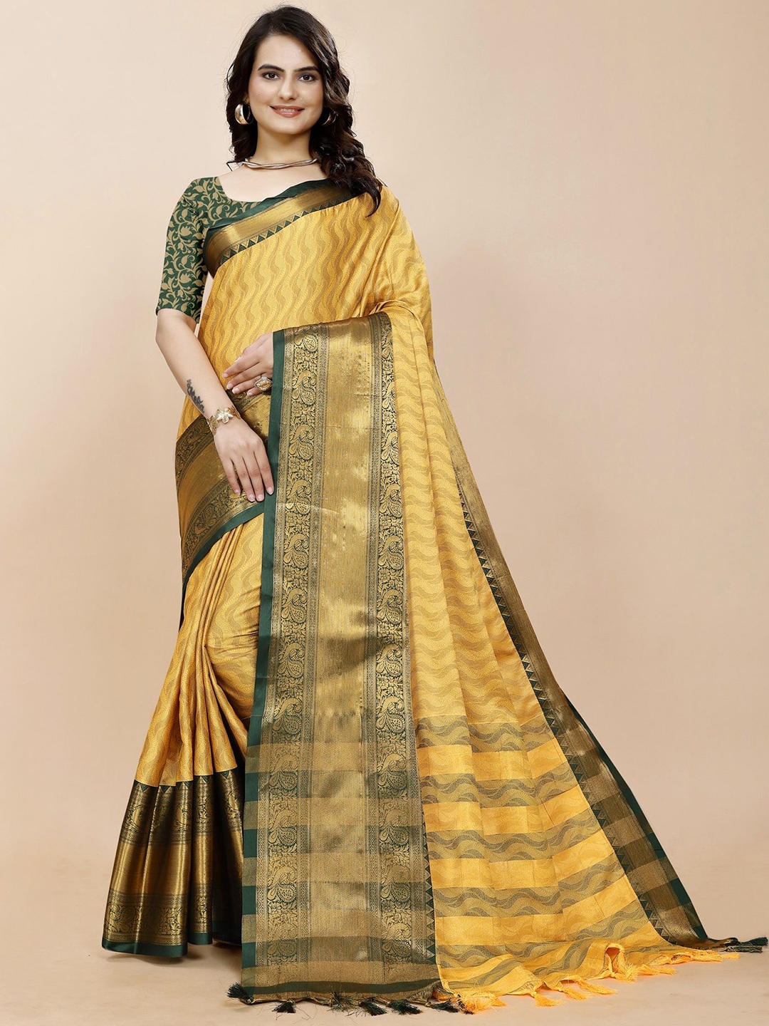 

Fashion FRICKS Ethnic Motifs Zari Silk Cotton Saree, Mustard