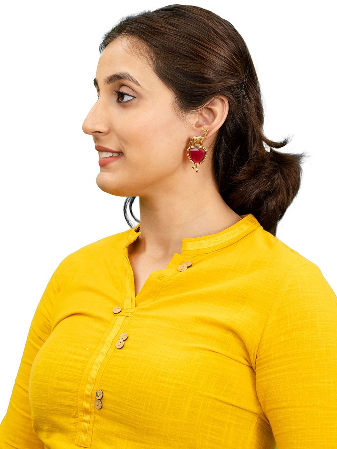 

Shining Jewel -By Shivansh Gold-Plated CZ Studded & Pearls Beaded Deer Drop Earring, Maroon