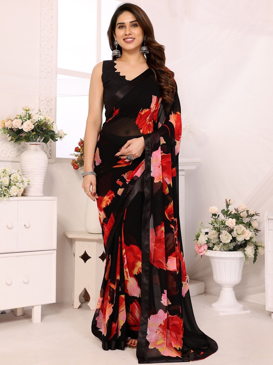 

Fashion FRICKS Ethnic Motifs Poly Georgette Saree, Black