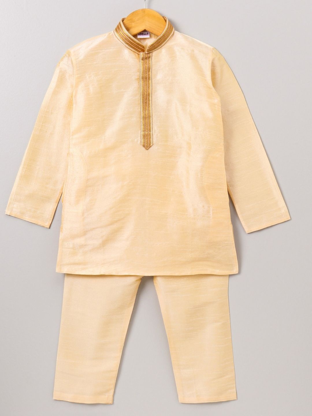 

Pehanaava Boys Embroidered Gotta Patti Mandarin Collar A-Line Kurta, Yellow
