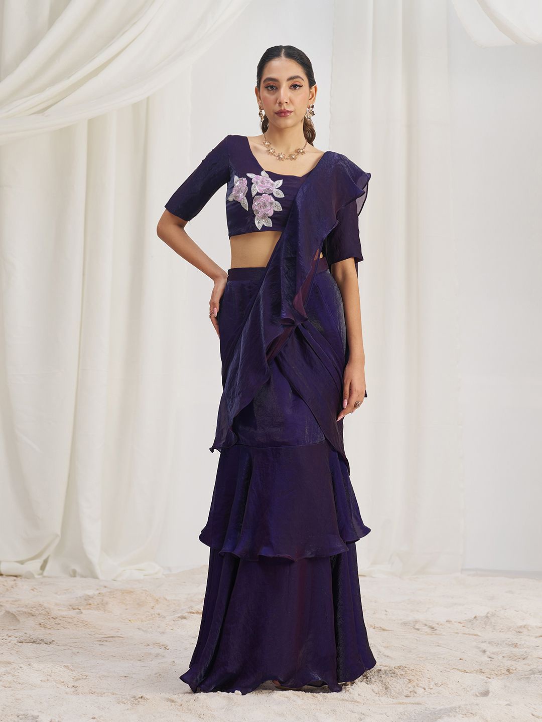 

Fusionic Ready To Wear Ruffle Saree with Hand Work Embroidered Blouse, Purple