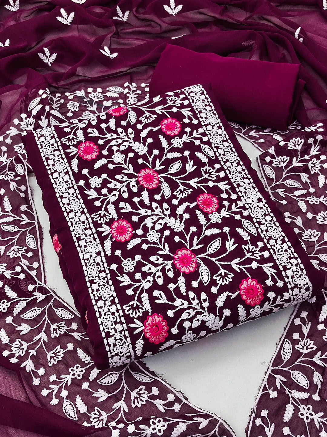 

SAINOOR Embroidered Silk Georgette Semi-Stitched Dress Material, Magenta