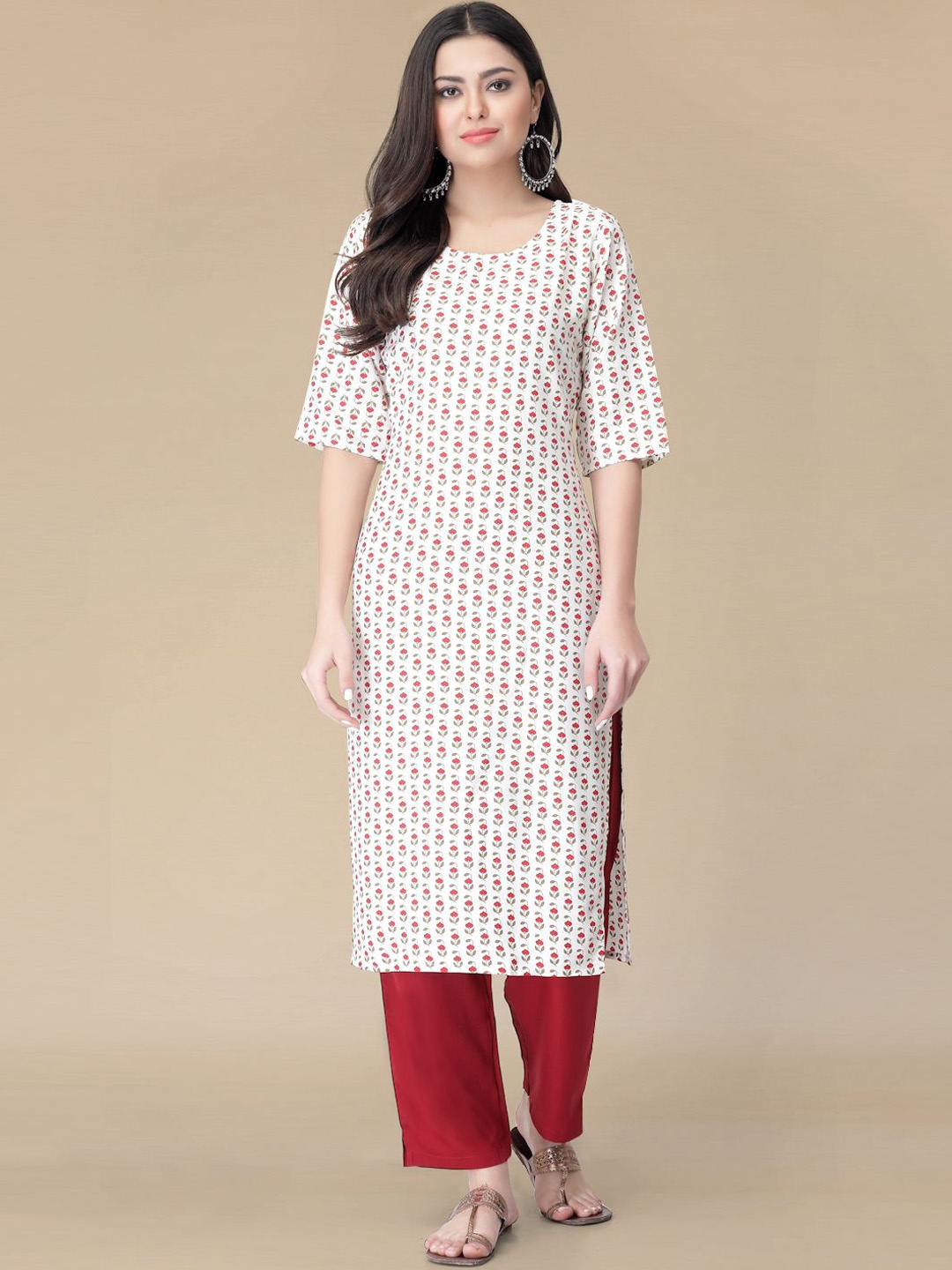 

Moda Rapido Floral Printed Round Neck Straight Kurta With Trousers, White