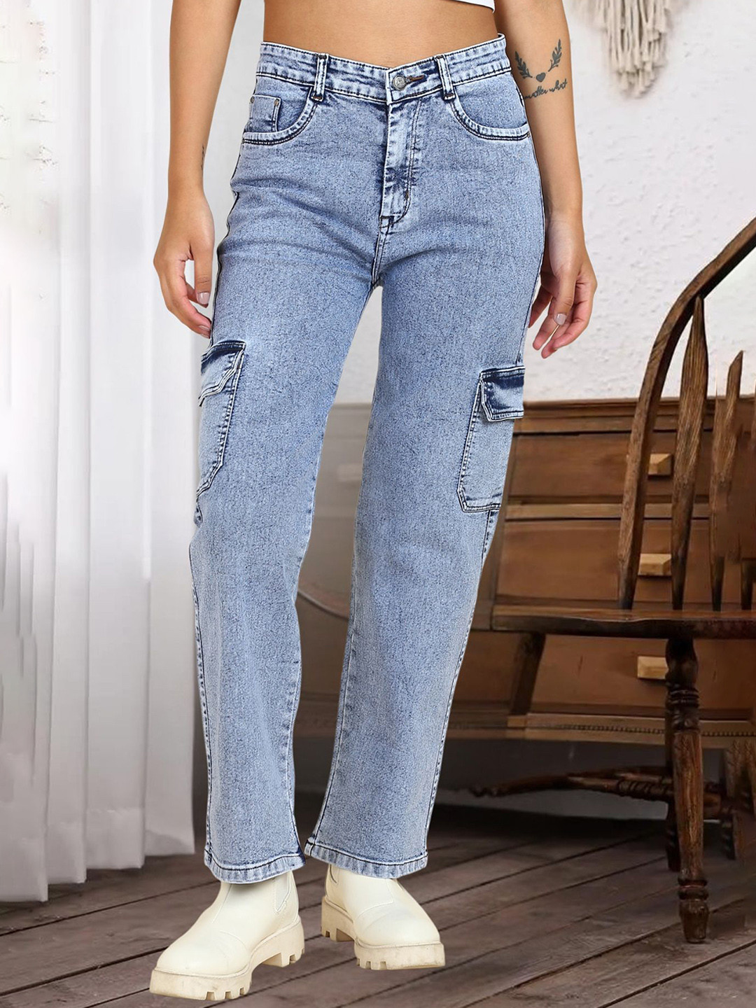 

DressBerry Women Comfort Straight Fit High-Rise Light Fade Acid Wash Stretchable Jeans, Blue