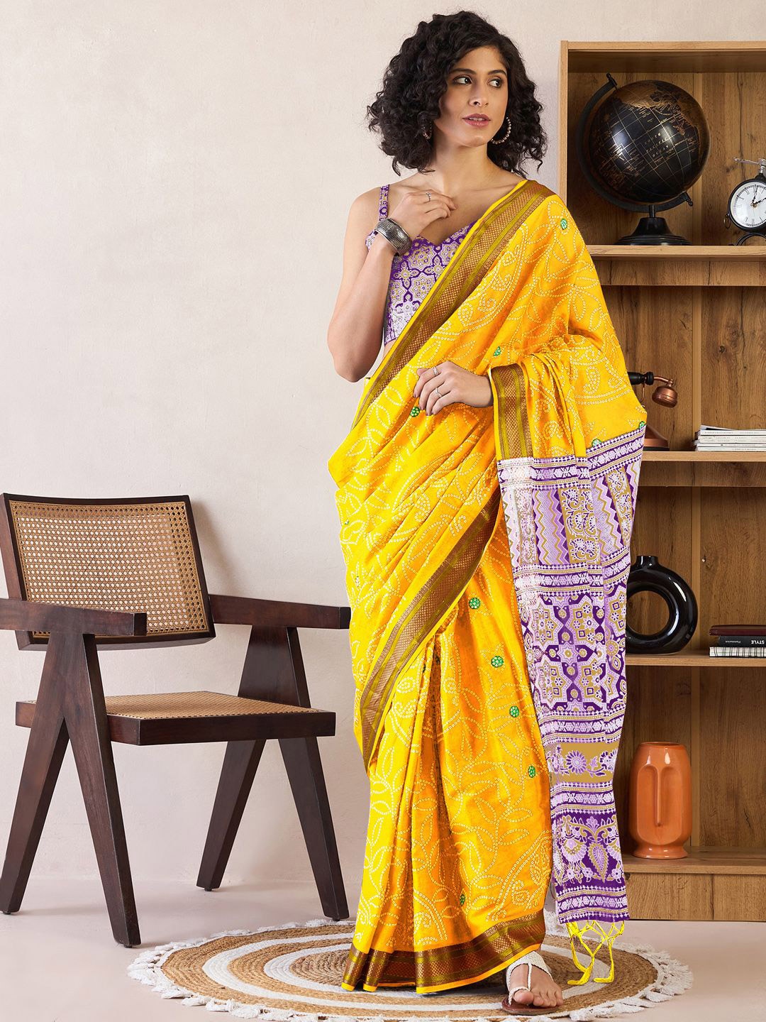

Mitera Bandhani Ready to Wear Bagru Saree, Yellow
