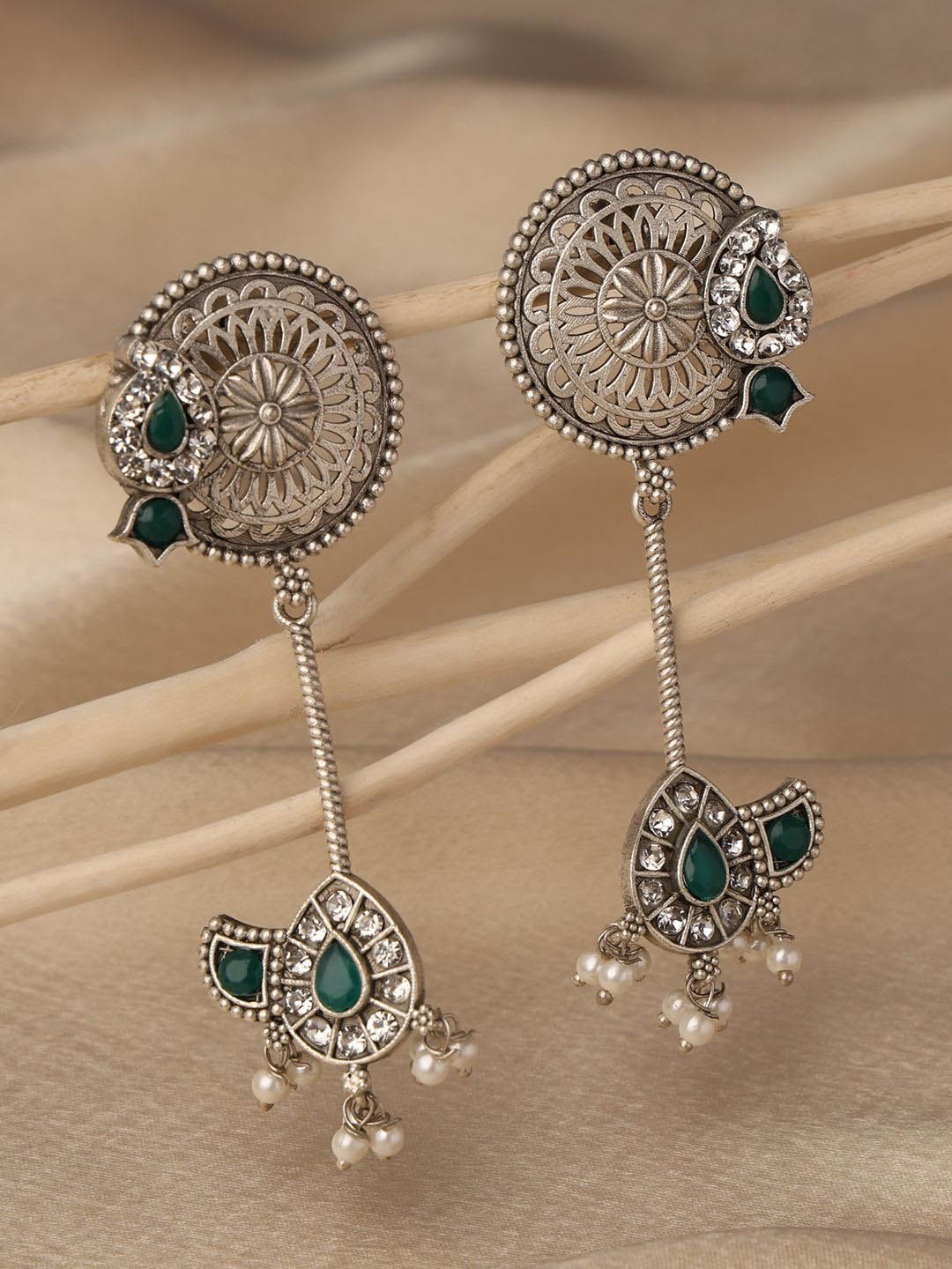 

VENI 92.5 Silver-Plated Artificial Stones Studded Floral Oxidised Drop Earrings