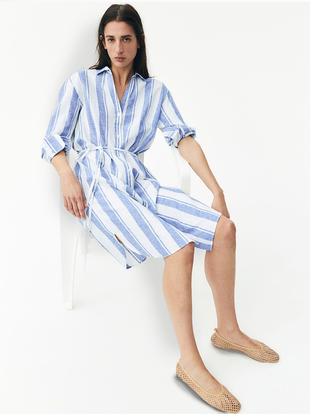 

H&M Linen-Blend Shirt Dress, Blue