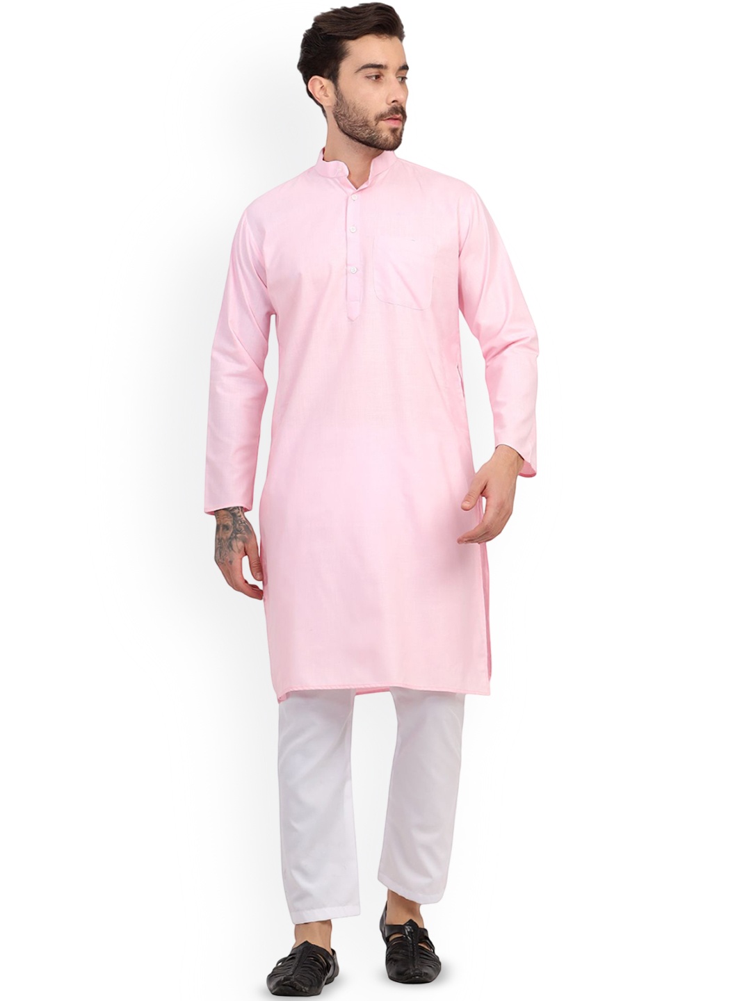 

Sadree Band Collar Long Sleeves Straight Kurta With Pyjama, Pink