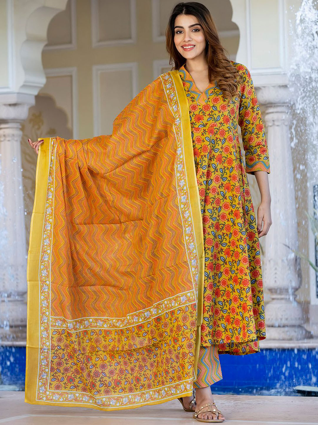 

Jaitpuriya Floral Printed Pleated V-Neck Pure Cotton Anarkali Kurta With Trouser & Dupatta, Yellow