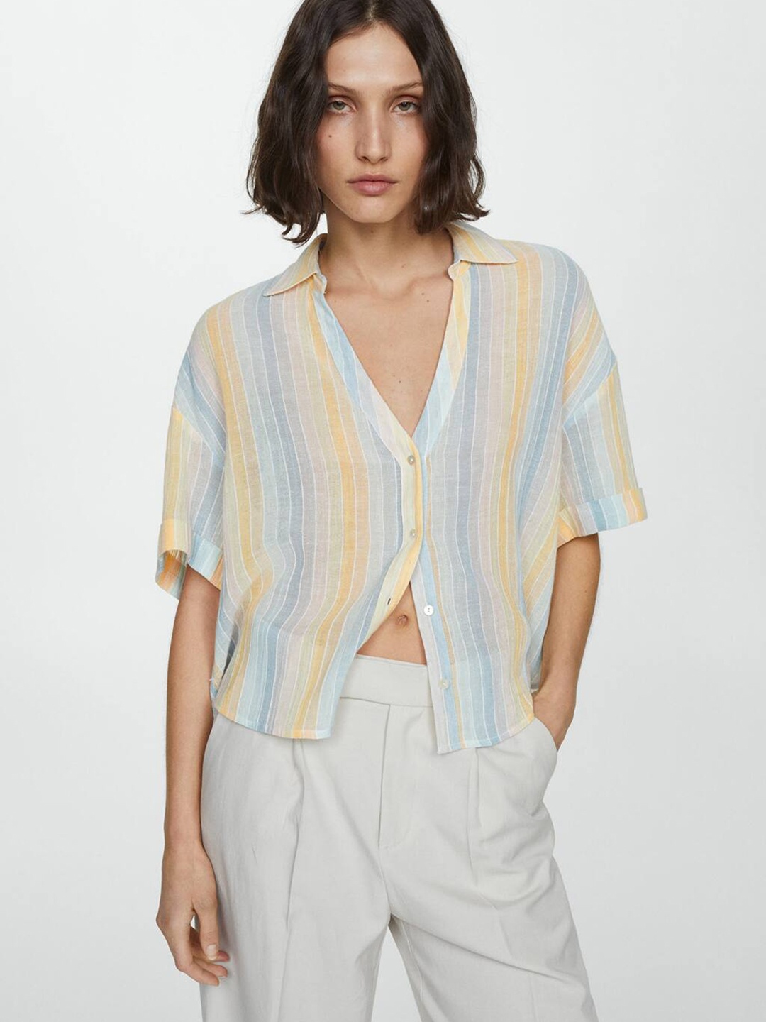 

MANGO Semi Sheer Striped Pure Cotton Shirt, Yellow