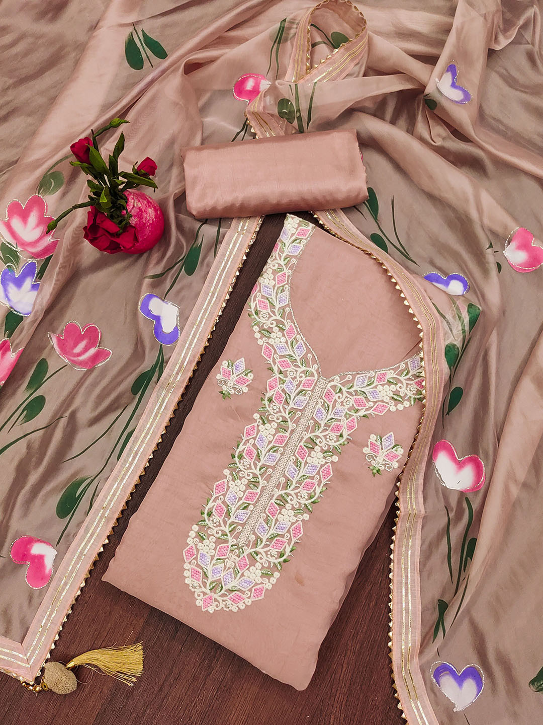 

SAINOOR Embroidered Organza Semi-Stitched Dress Material, Pink