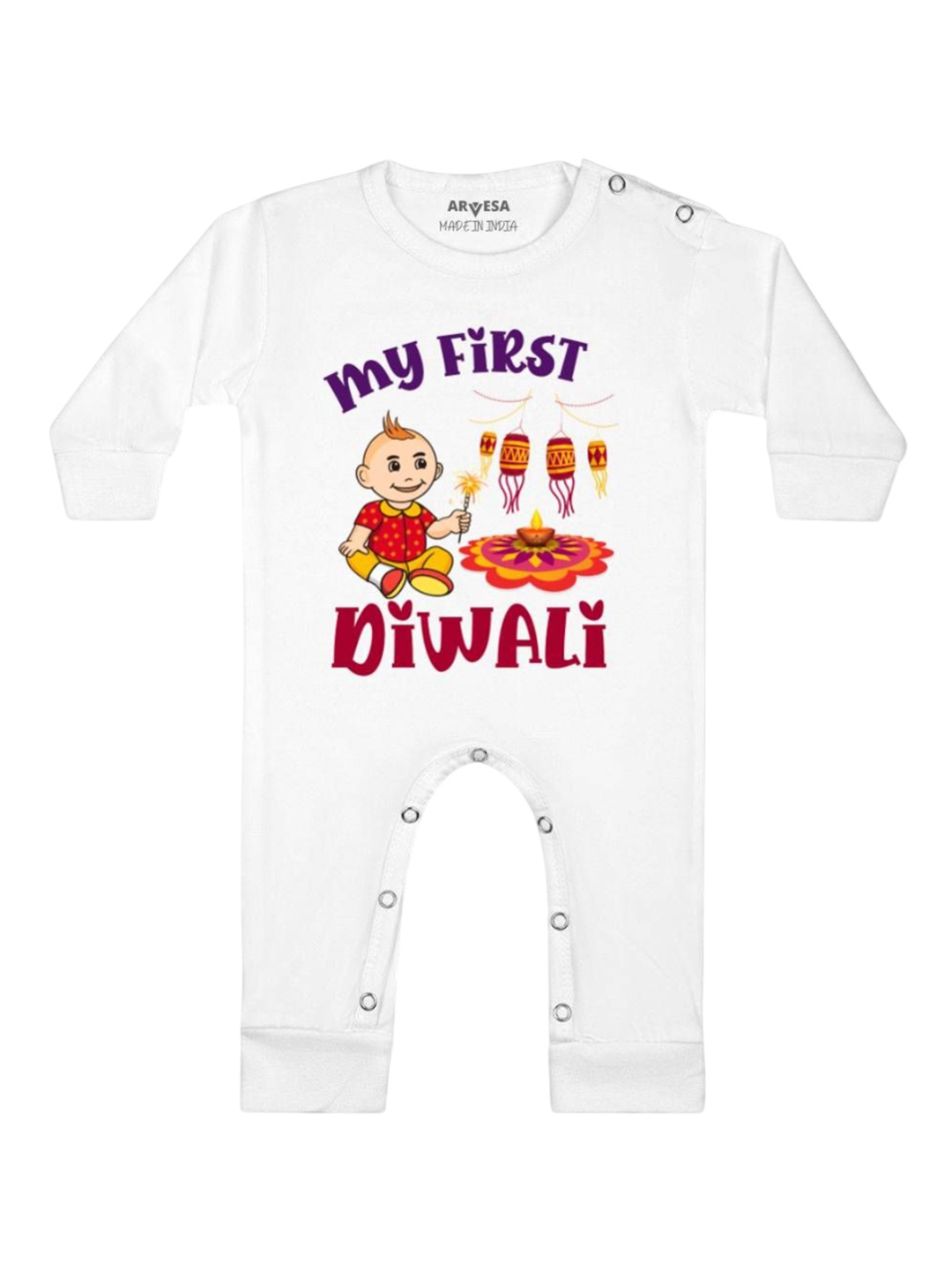 

Arvesa First Diwali Printed Baby Romper, White