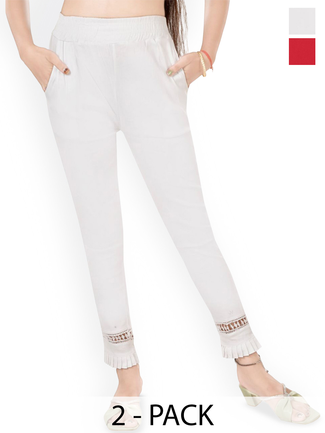 

Fessist Pack of 2 Women Relaxed Slim Fit Easy Wash Pleated Trousers, Multi