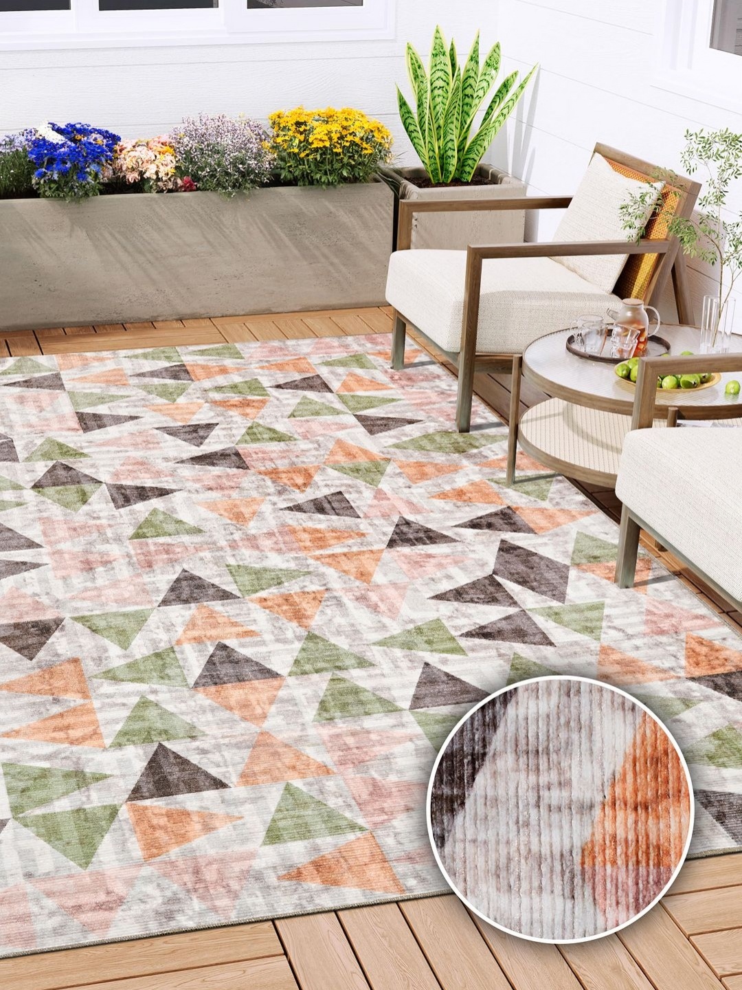 

Kaleen India Green & Cream Geometric Printed Anti-Skid Washable Carpet