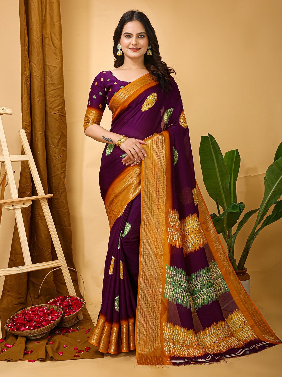 

DIVASTRI Ethnic Motifs Zari Saree, Purple