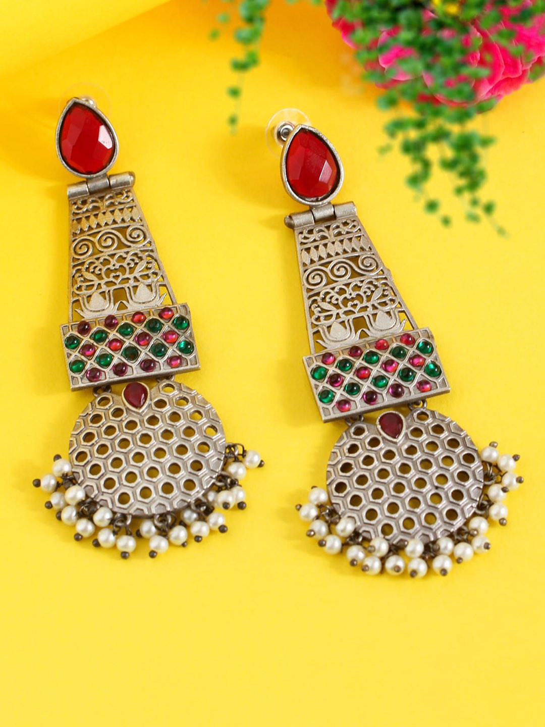 

SANAA CREATIONS Silver-Plated Artificial Stone Studded & Beaded Oxidised Drop Earrings