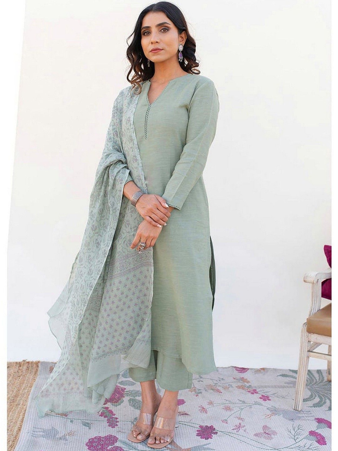 

mimi design Women Regular Kurta with Dhoti Pants & With Dupatta, Olive