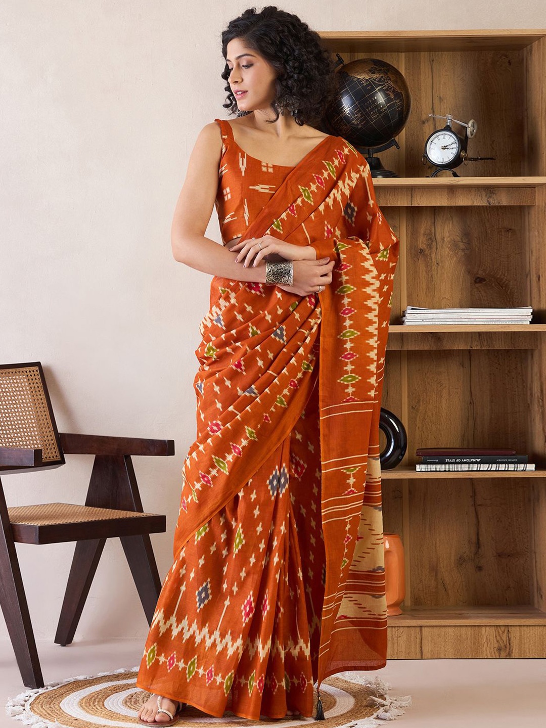 

Mitera Ethnic Motifs Ready to Wear Ikat Saree, Orange