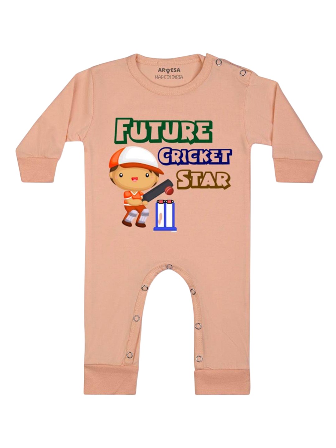 

Arvesa Kids Future Cricket Star Printed Baby Romper, Peach