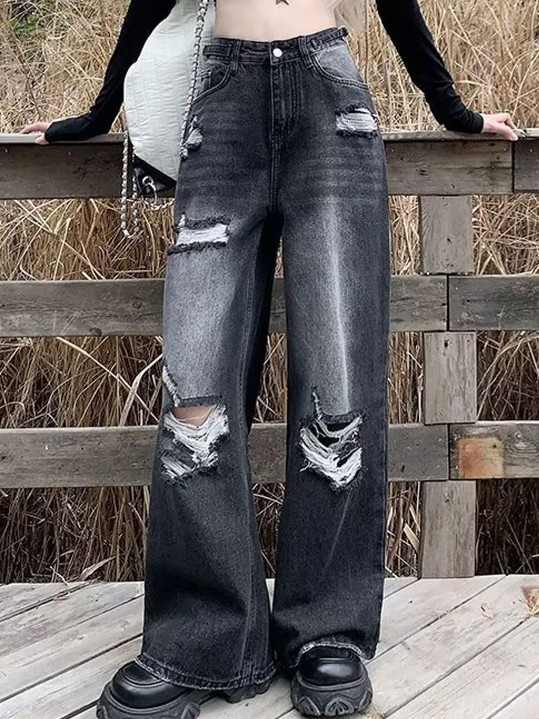 

StyleCast Women Highly Distressed Light Fade Wide Leg Jeans, Black