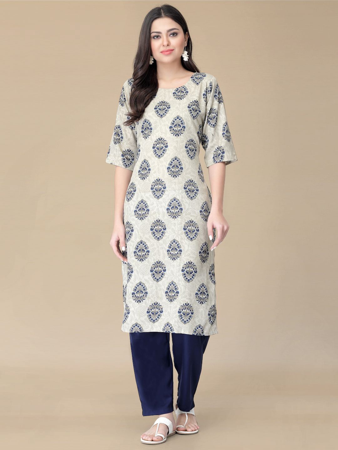 

Moda Rapido Floral Printed Round Neck Straight Kurta With Trousers, Cream