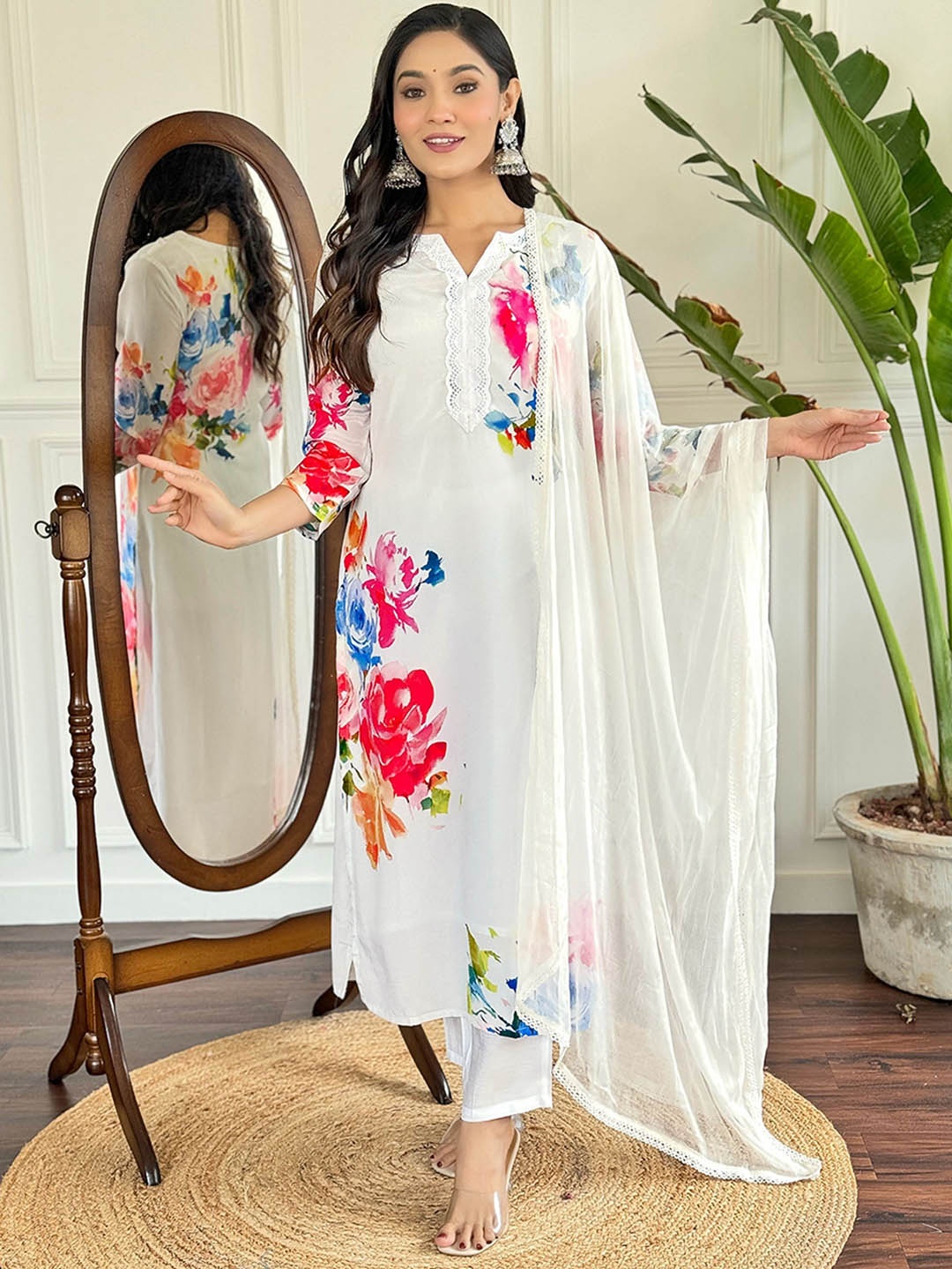 

NIZA FASHION Women Floral Embroidered Regular Silk Crepe Kurta with Trousers & With Dupatta, Cream