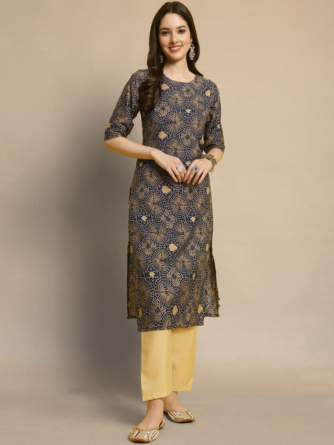 

Moda Rapido Blue & Yellow Ethnic Motifs Printed Straight Kurta with Trousers