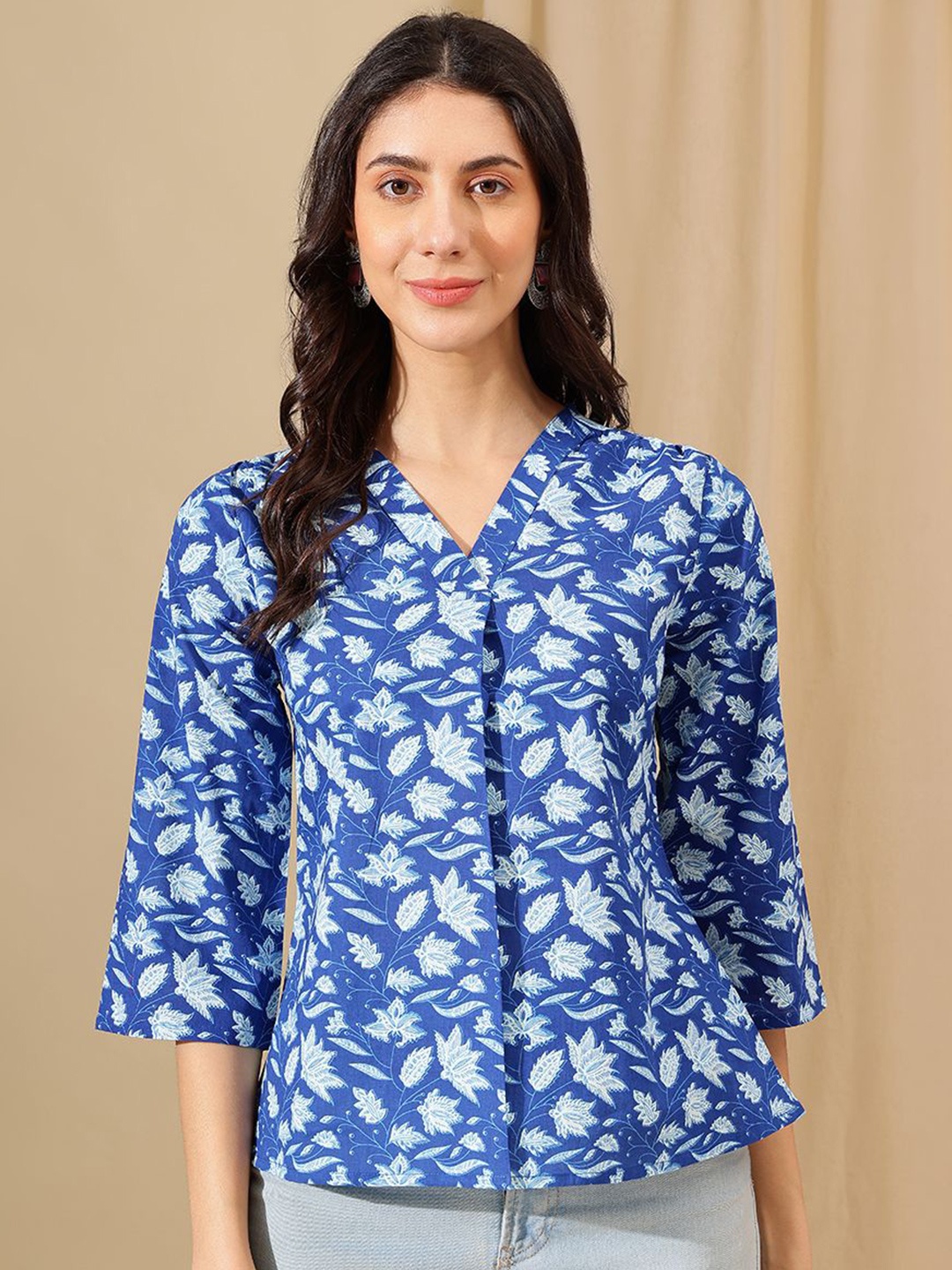 

KALINI Floral Print Cotton Top, Blue