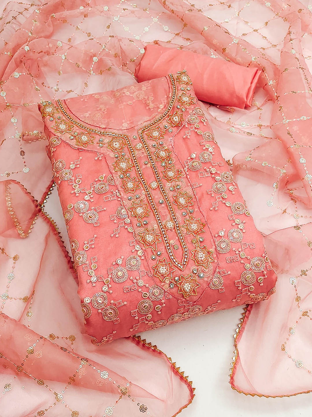 

SAINOOR Embroidered Organza Semi-Stitched Dress Material, Peach