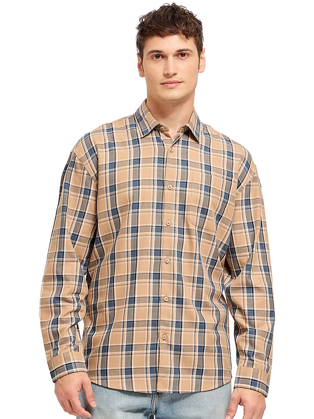 

Mast & Harbour Men Comfort Tartan Checks Opaque Checked Casual Shirt, Beige