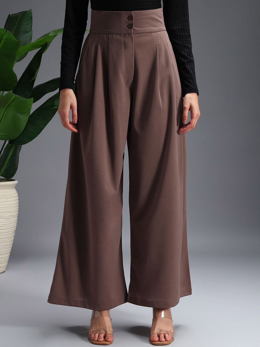 

Zastraa Women Relaxed Flared High-Rise Pleated Korean Pants, Brown