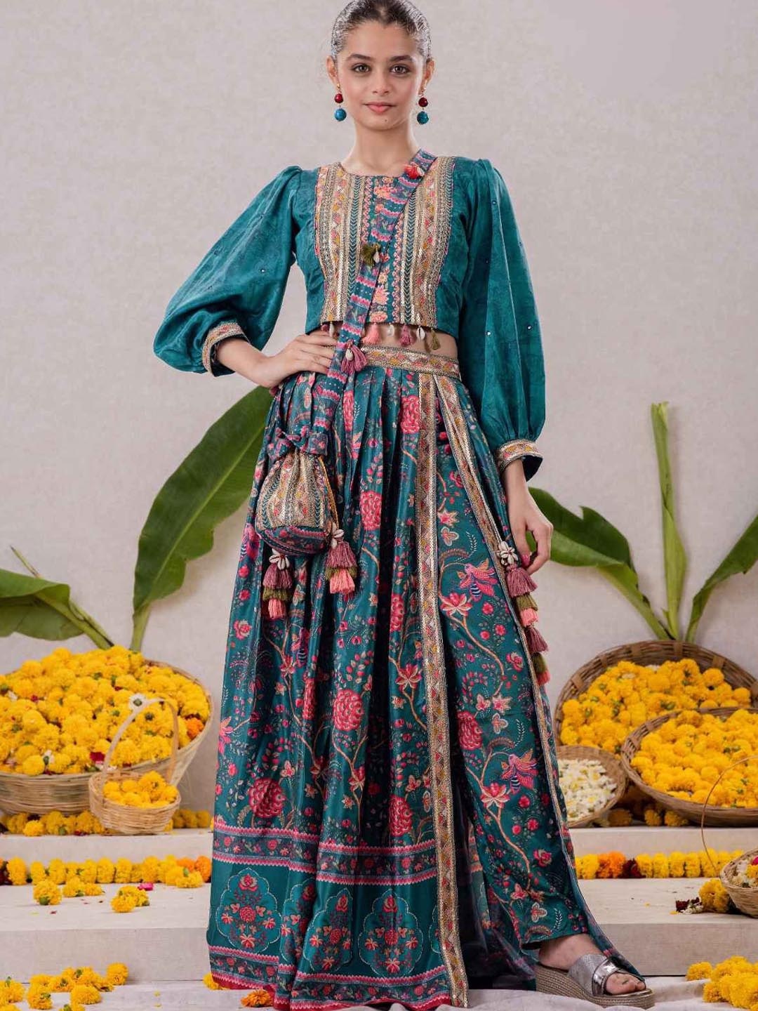 

Lagorii Luxe Floral Embroidered Ready to Wear Lehenga Choli With Potli Bag, Blue