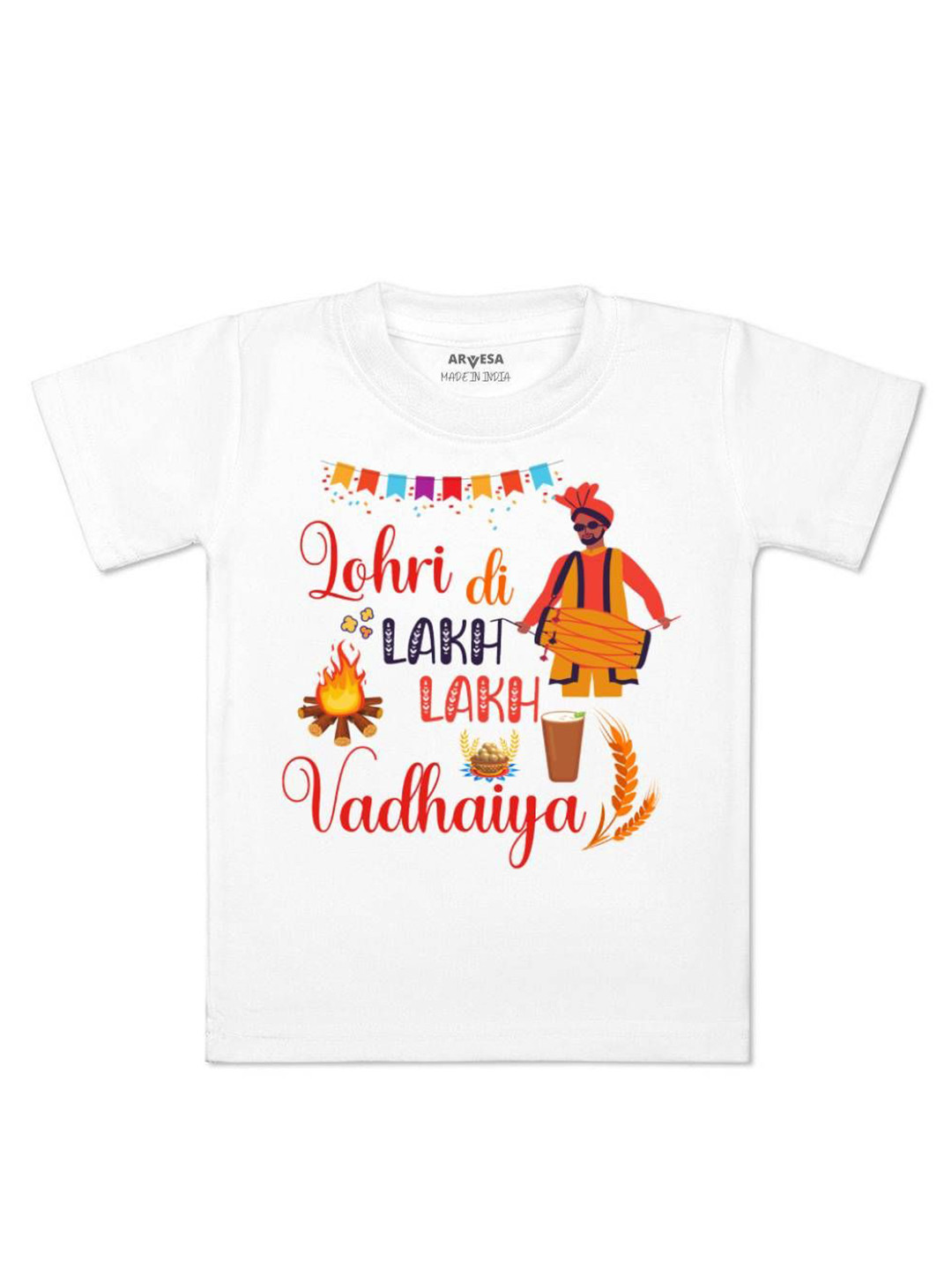 

Arvesa Lohri Di Lakh Vadhaiya Printed Kids Unisex T-shirt, White