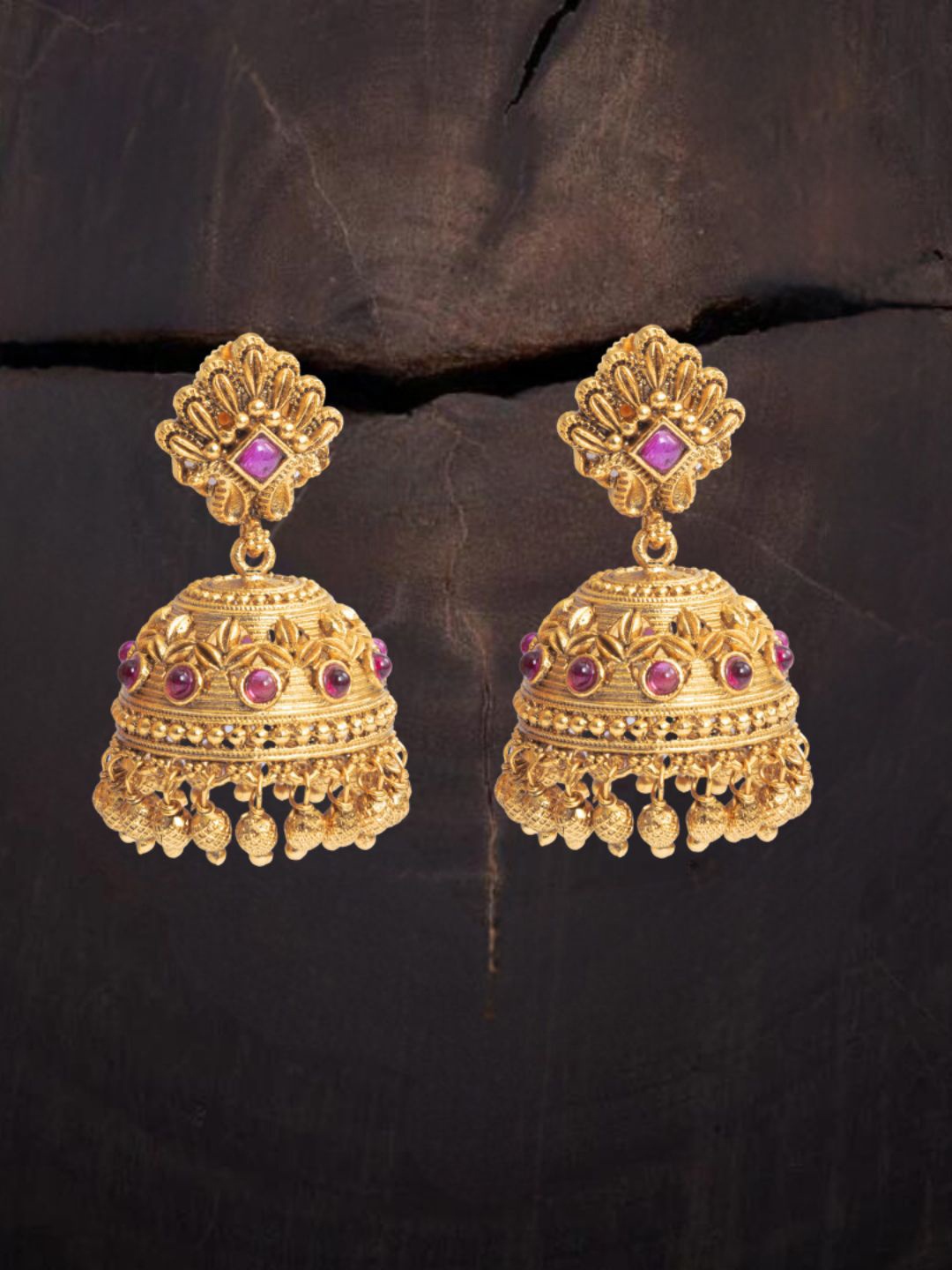 

South Temple Jewellery Gold-Plated Artificial Stoned Studded Dome Shaped Jhumkas