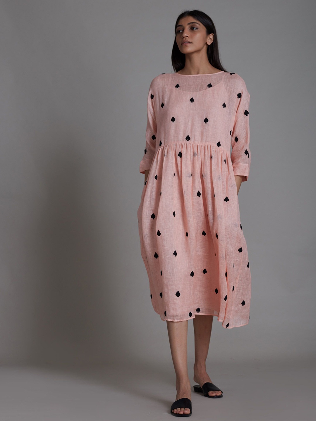 

MATI Polka Dot Print Linen A-Line Midi Dress, Pink