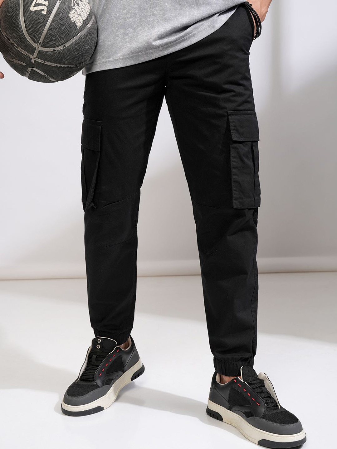 

HIGHLANDER Men Cotton Joggers Cargo Pocket Trousers, Black
