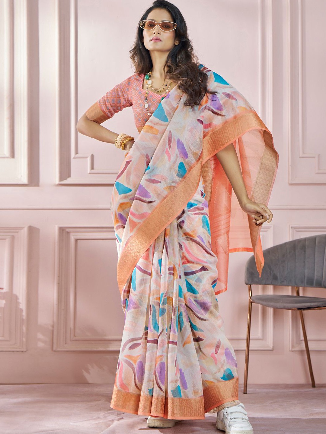 

DIVASTRI Zari Silk Blend Saree, Orange