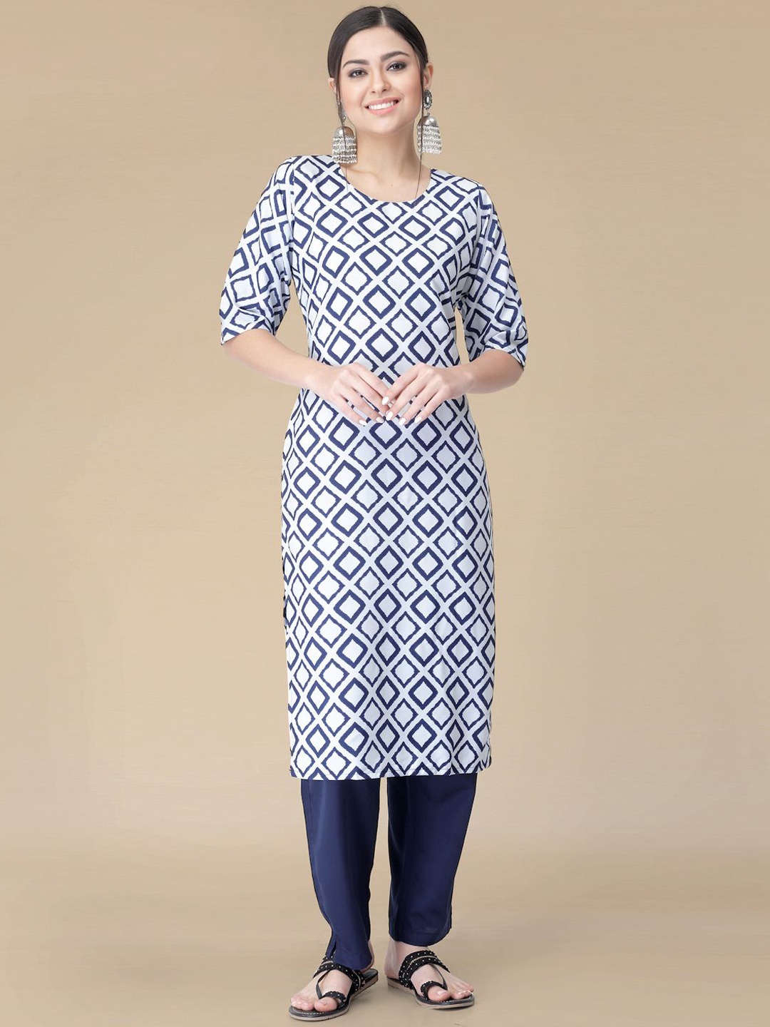 

Moda Rapido Geometric Printed Round Neck Straight Kurta With Trousers, White