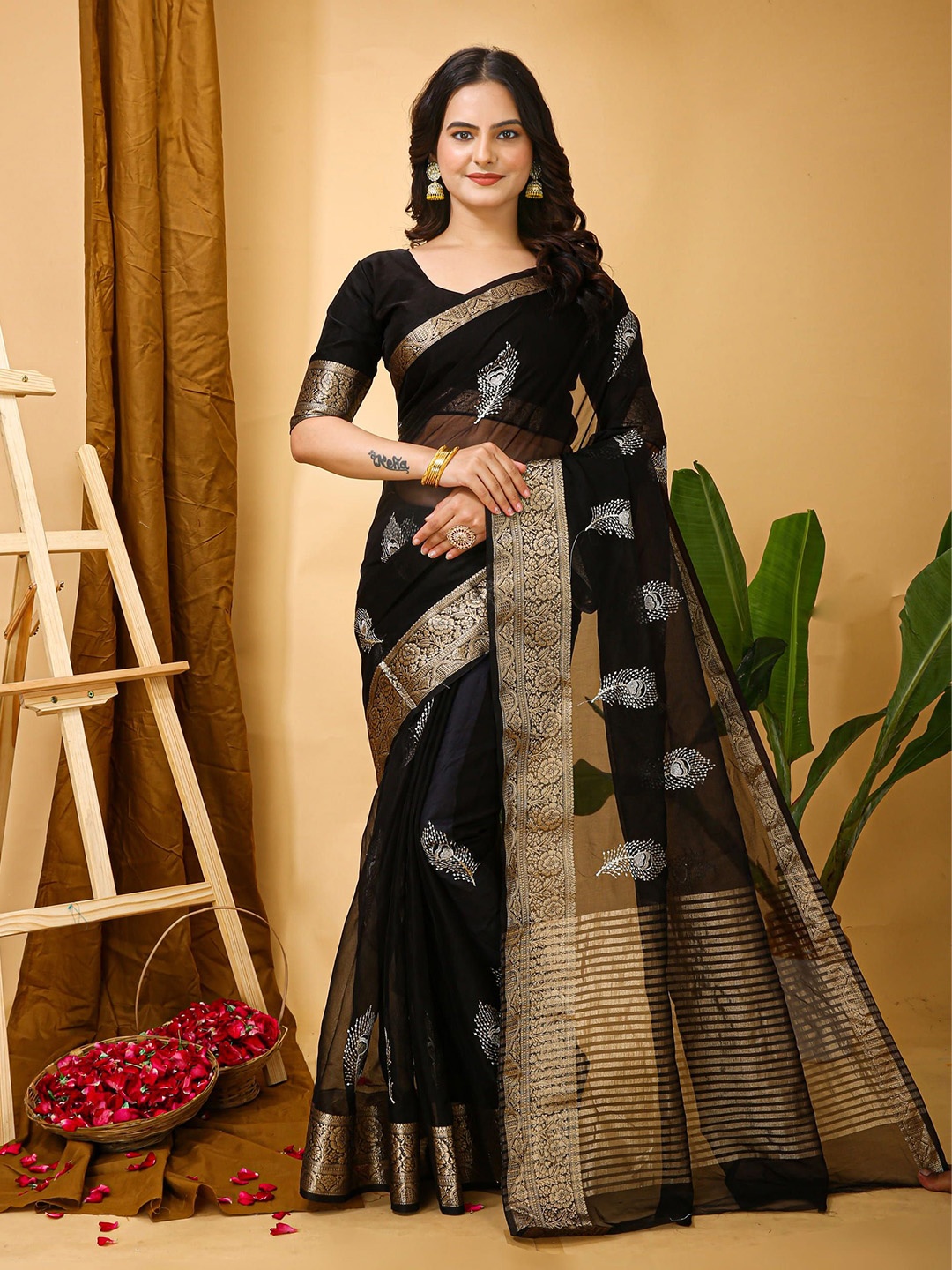 

V3 FASHION STUDIO Ethnic Motifs Zari Art Silk Saree, Black