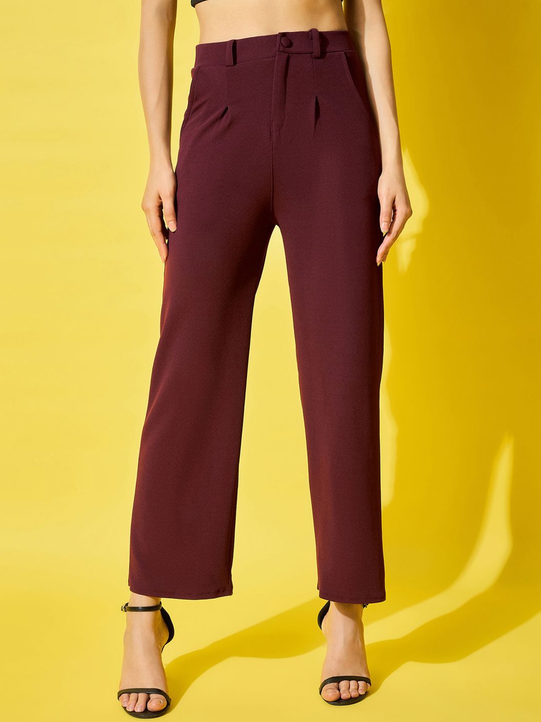 

DIMPY GARMENTS Women Relaxed Regular Fit High-Rise Trousers, Burgundy