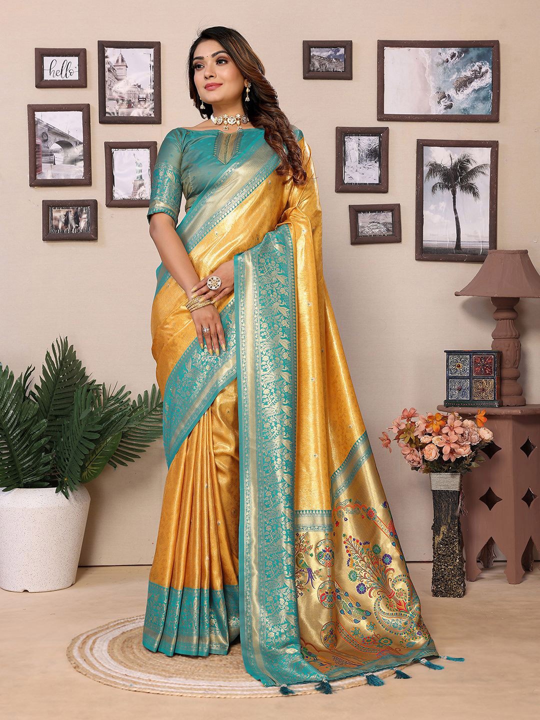 

DIVASTRI Ethnic Motifs Zari Silk Blend Designer Banarasi Saree, Yellow