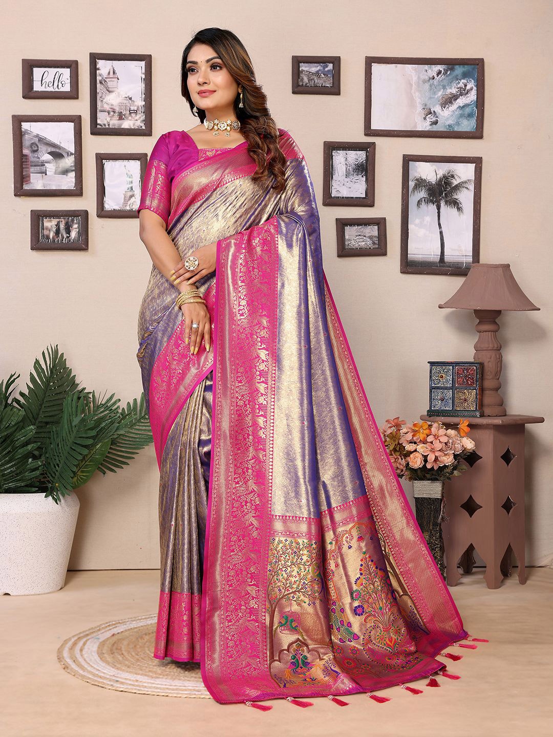 

DIVASTRI Ethnic Motifs Zari Silk Blend Designer Banarasi Saree, Purple