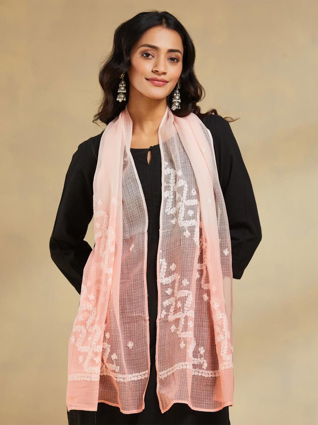 

Fabindia Women Embroidered Stole, Peach